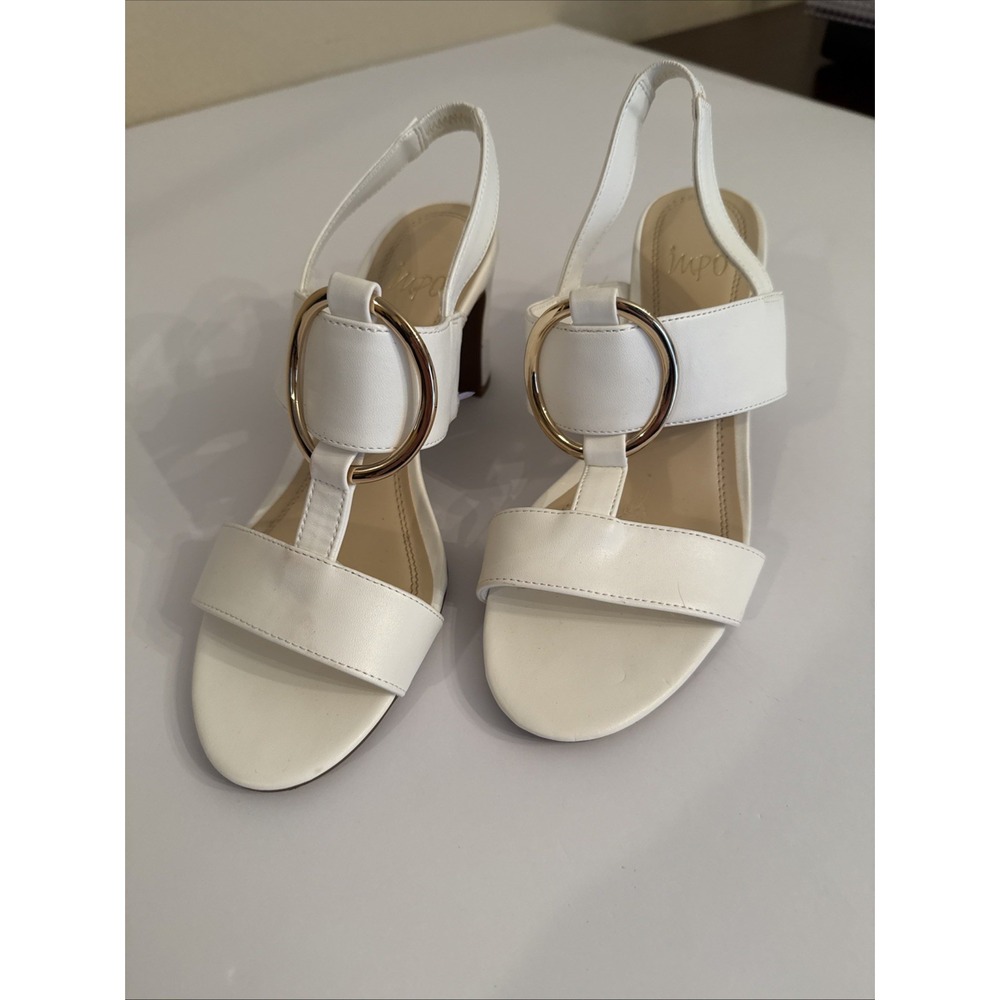 Impo Women White Slingback Block Heels Gold Ring Detail Sandals Size 8.5 M
